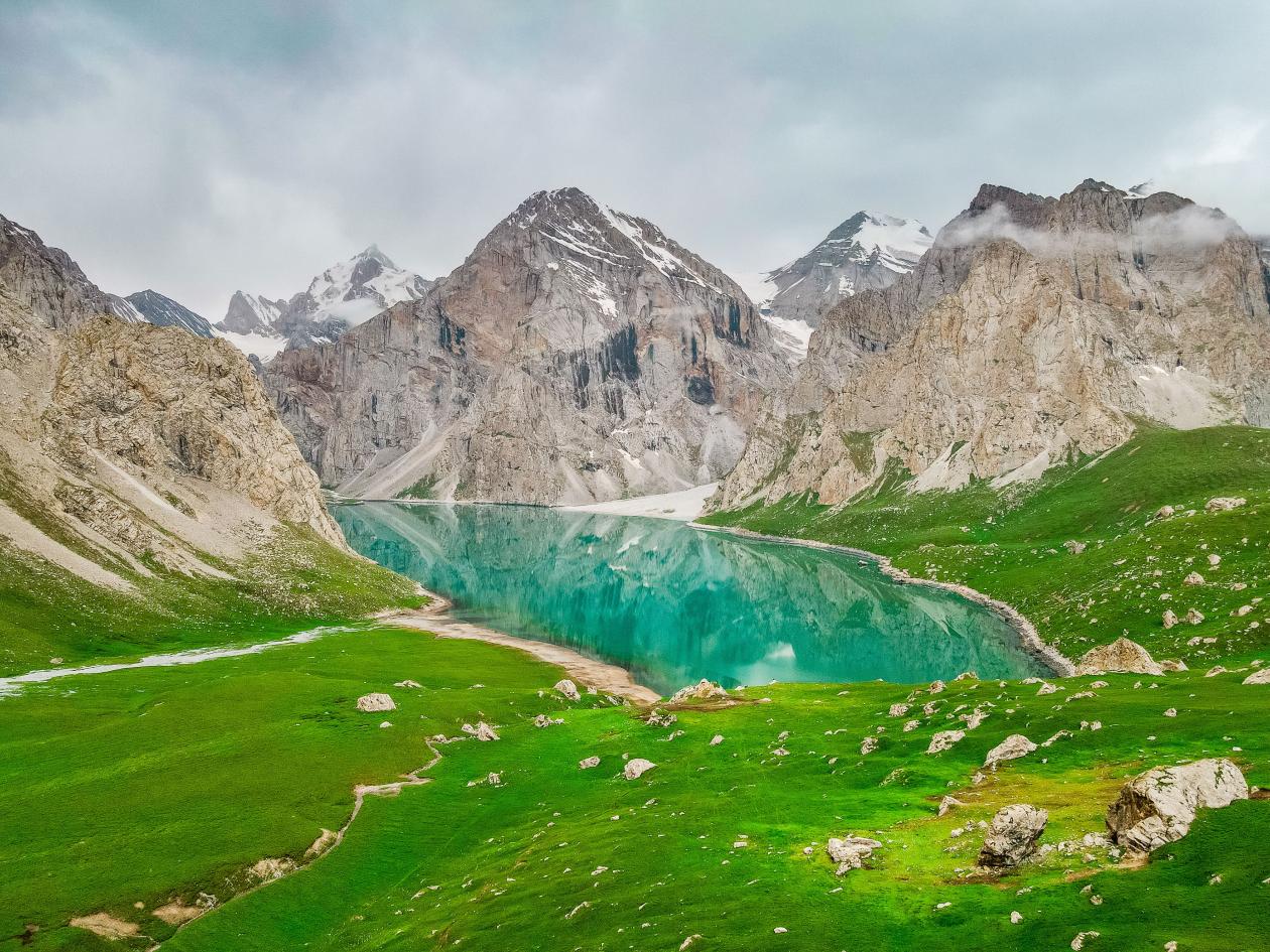 An alpine lake surrounded by mountains